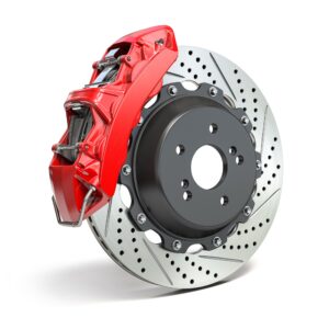 Braking system. Car brake disk with caliper isolated on white background.